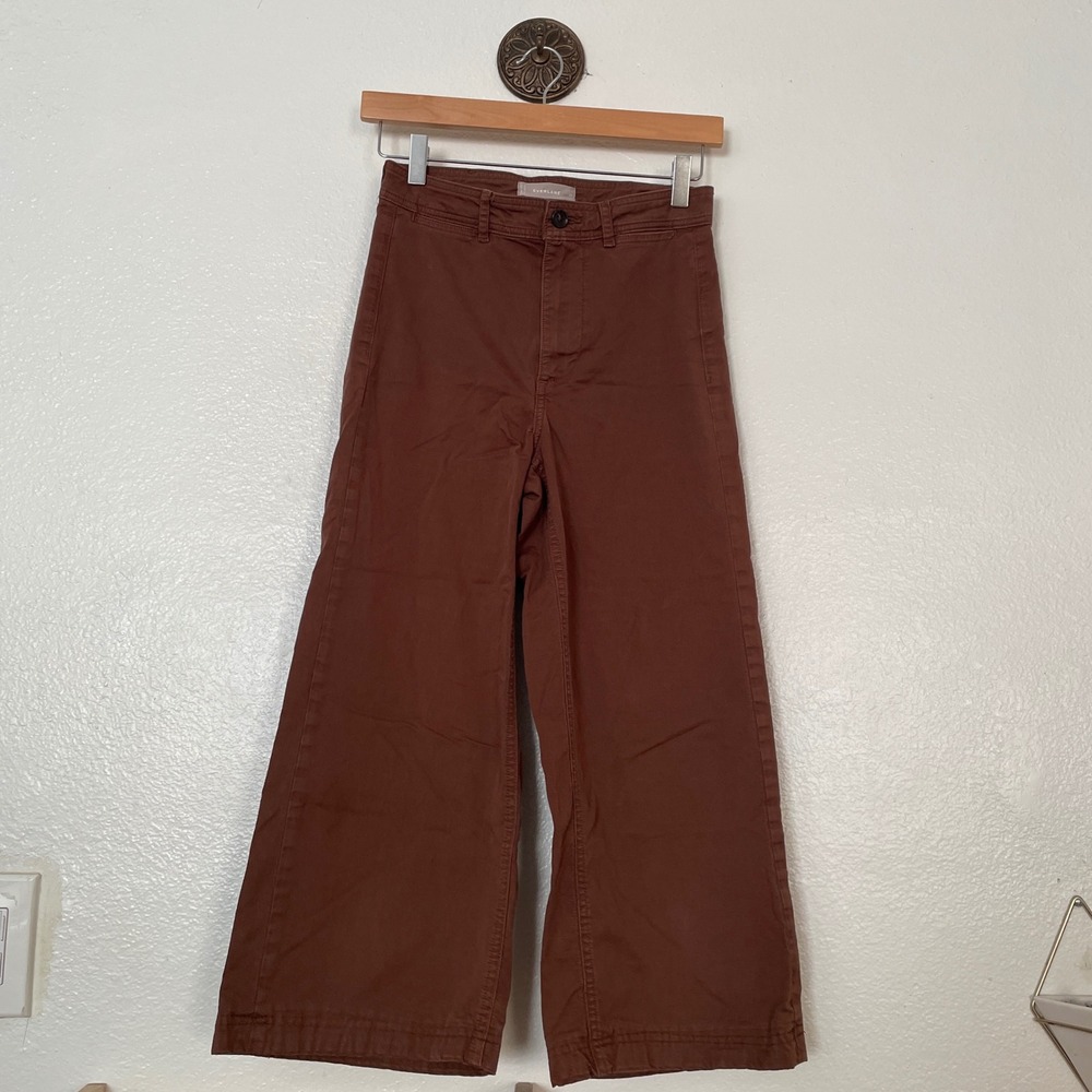 Everlane Wide Leg Crop Pants Brown High Rise Cotton Twill Chino Size 00